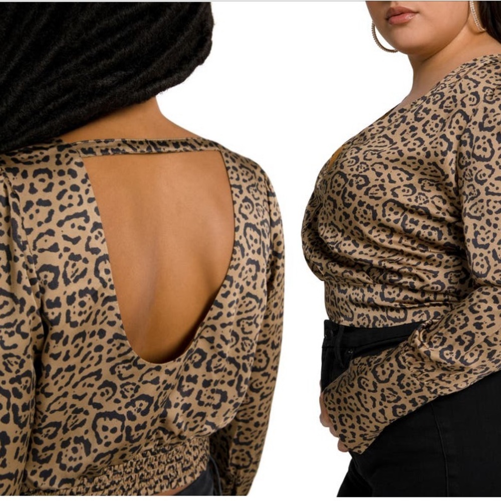 Good American Satin Faux Wrap Top in Leopard Print - Picture 1 of 10